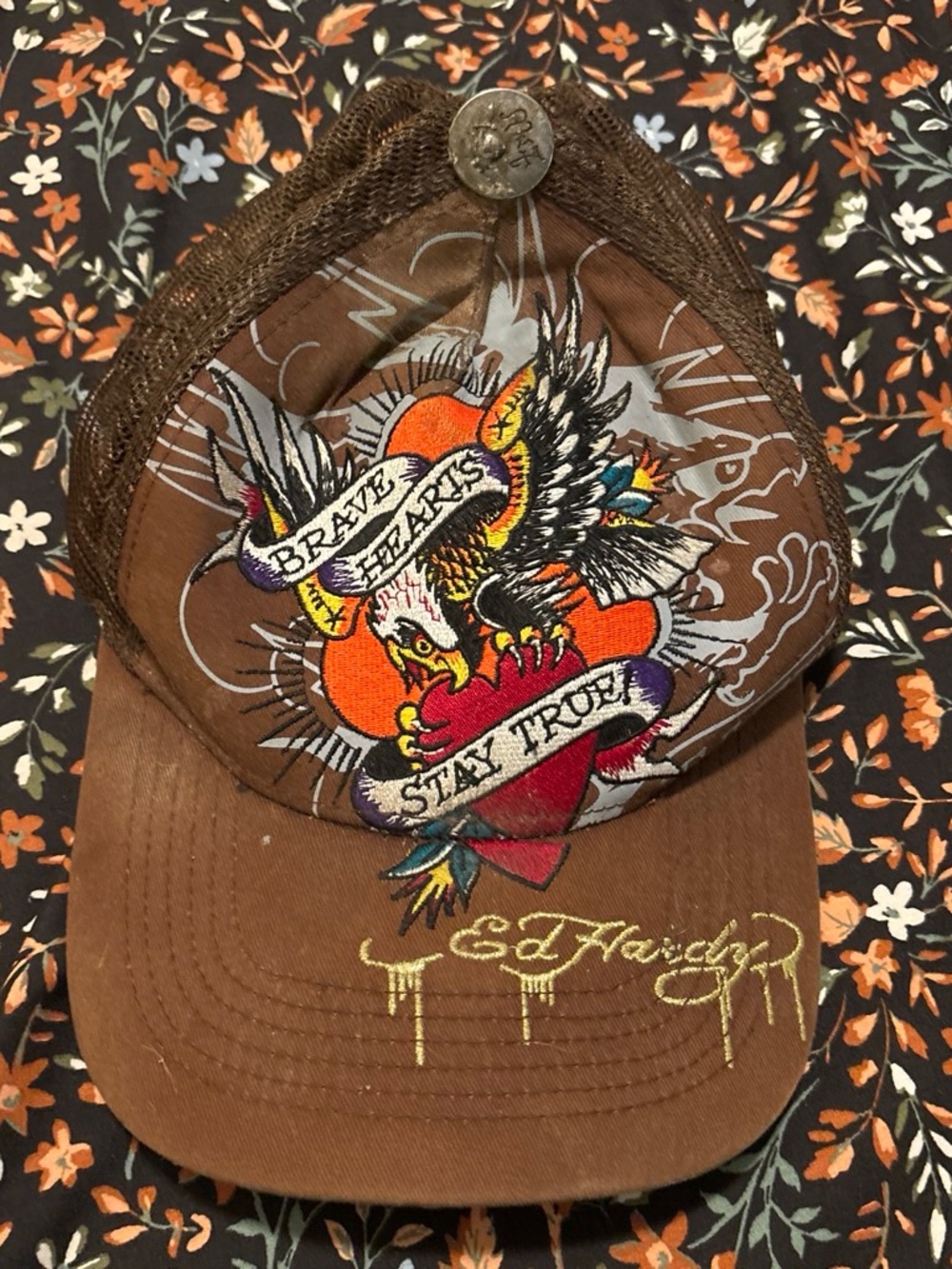 Ed Hardy Brown Cap with Multicolor 'Brave Hearts Stay True' Embroidery